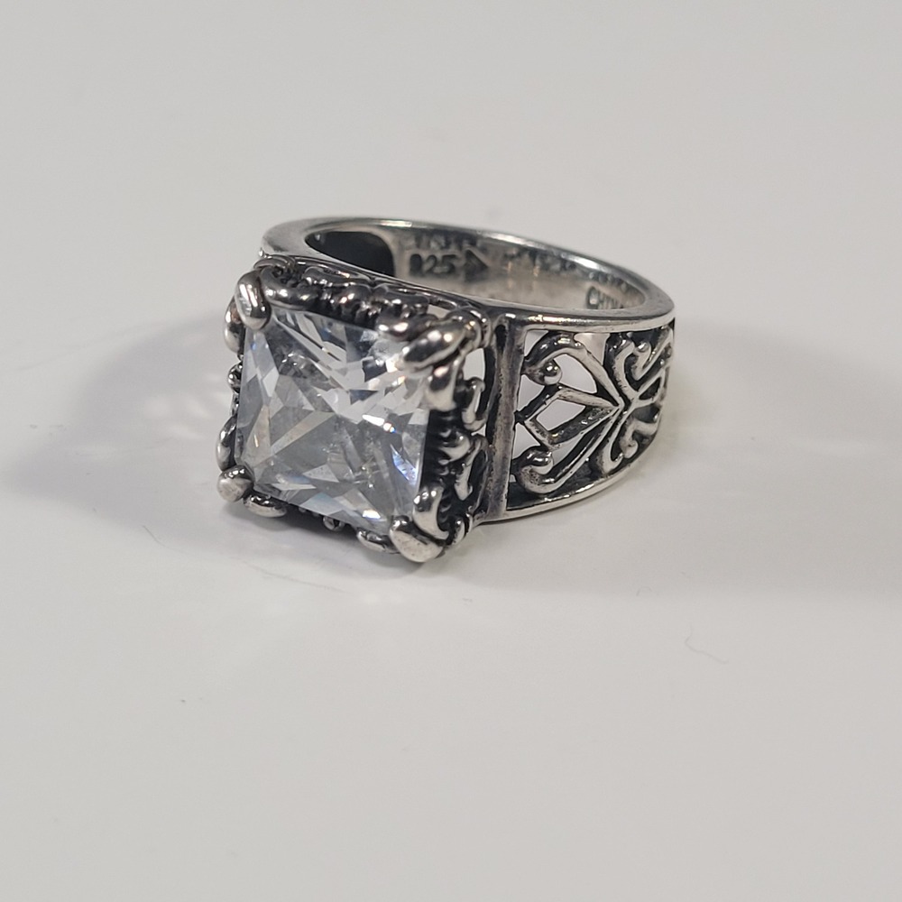 Sterling‎ Silver Gothic Ring Size 7.75 Large Princess Cut Glass Statement Ring
